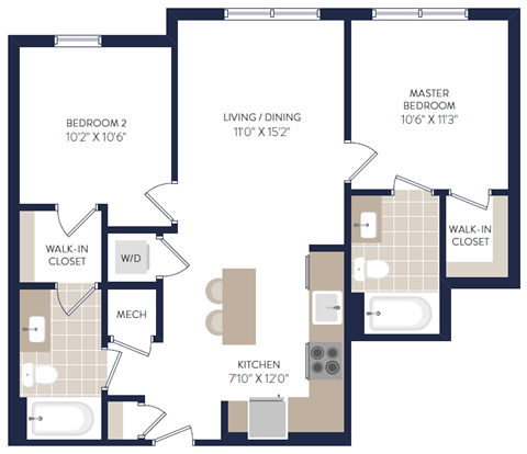 Floor plan for 2 beds, 2 baths